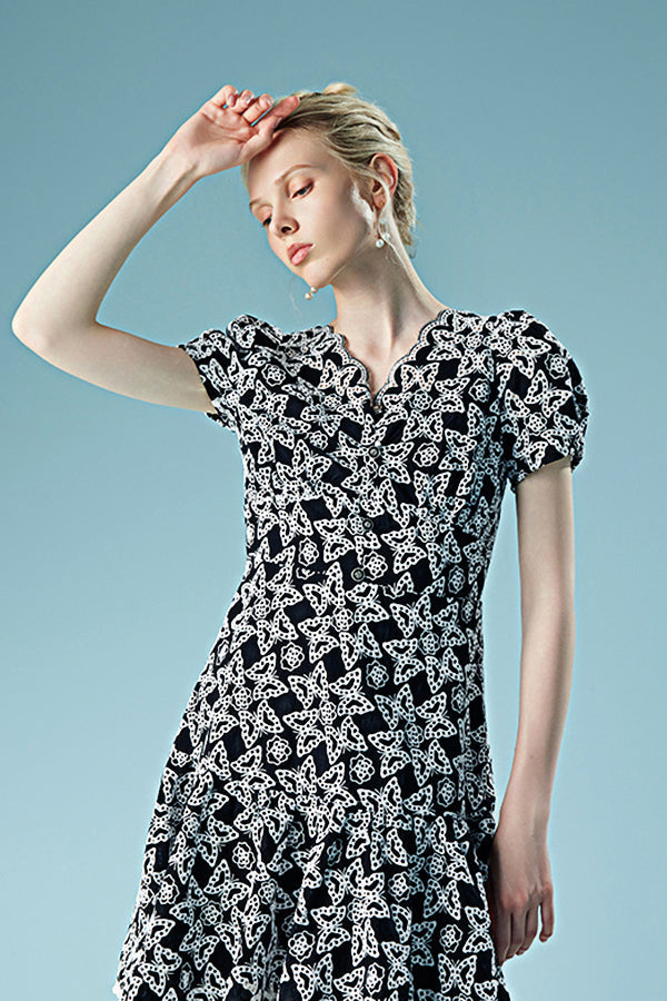 Lace V Neck Puff Sleeve Short Casual Summer Holiday Dress