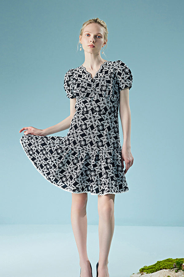 Lace V Neck Puff Sleeve Short Casual Summer Holiday Dress