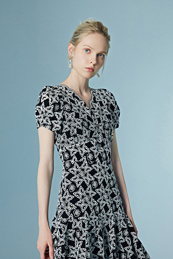 Lace V Neck Puff Sleeve Short Casual Summer Holiday Dress