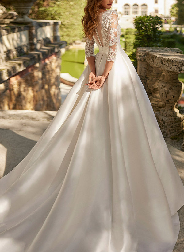 Lace Wedding Dress with A Line V Neck 3/4 Sleeves and Court Train