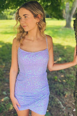 Lavender Homecoming Dress Sequin Lace-Up Back Tight Short Prom Dress