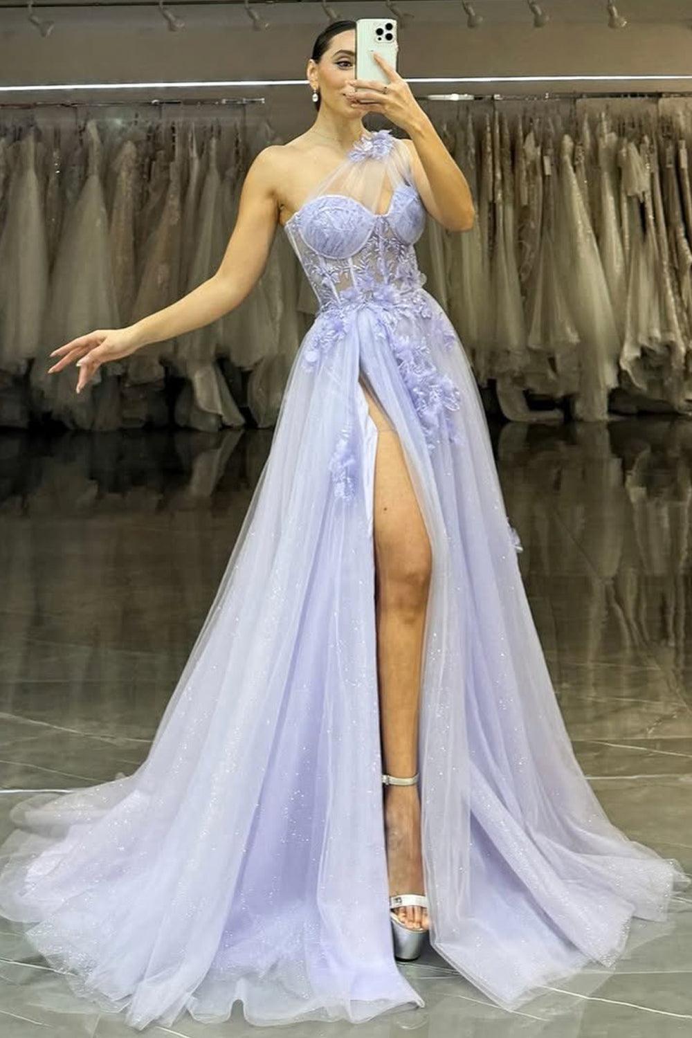 Lavender One-Shoulder Floral Appliqu茅 Tulle Prom Gown With High Slit Formal Evening Gown