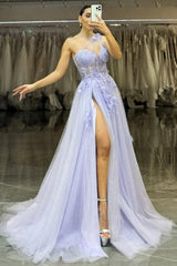 Lavender One-Shoulder Floral Appliqu茅 Tulle Prom Gown With High Slit Formal Evening Gown