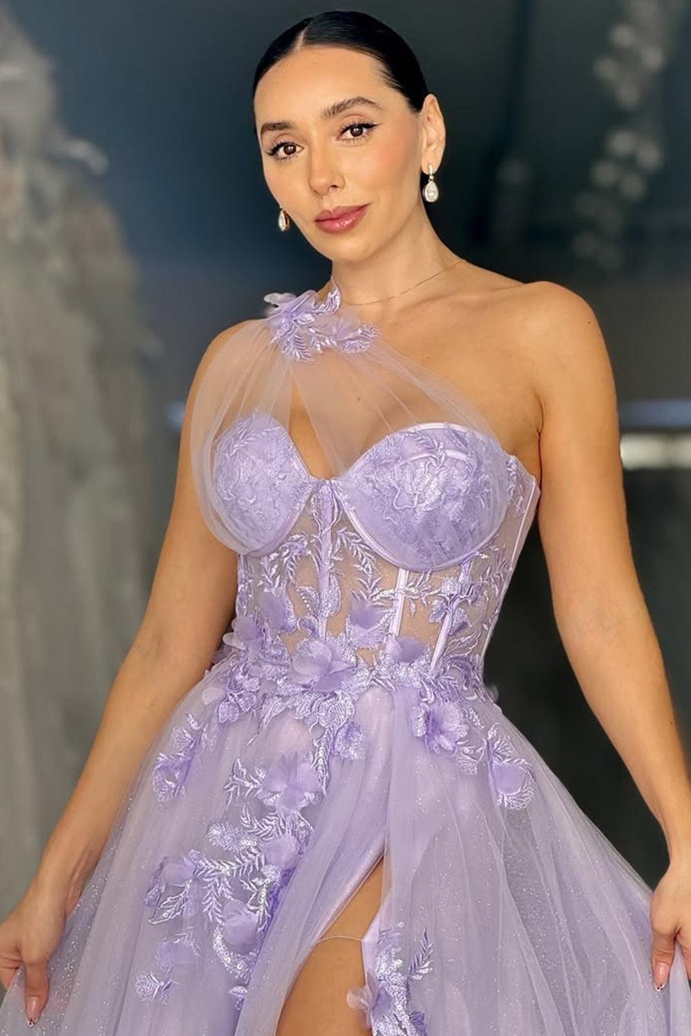 Lavender One-Shoulder Floral Appliqu茅 Tulle Prom Gown With High Slit Formal Evening Gown