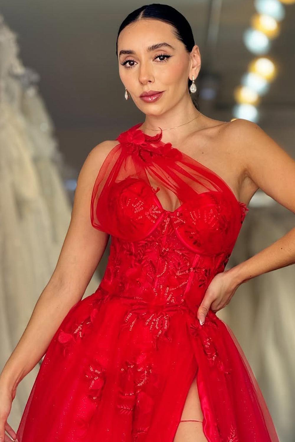 Lavender One-Shoulder Floral Appliqu茅 Tulle Prom Gown With High Slit Formal Evening Gown