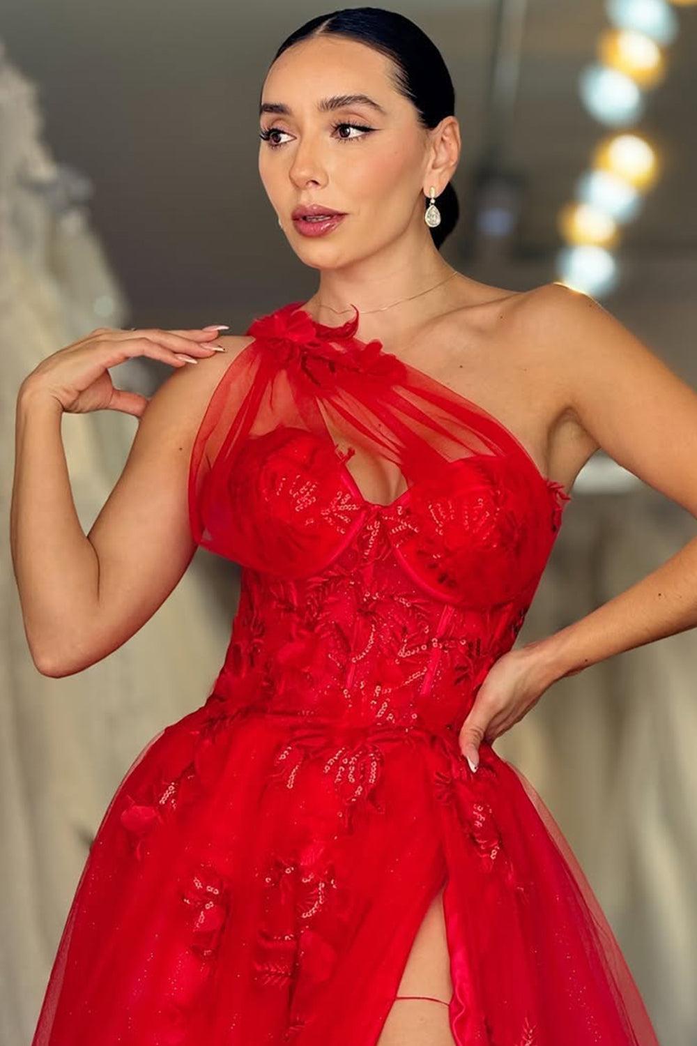 Lavender One-Shoulder Floral Appliqu茅 Tulle Prom Gown With High Slit Formal Evening Gown