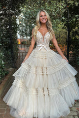 Lavender Prom Dress Off Shoulder Tiered Evening Dress with Lace
