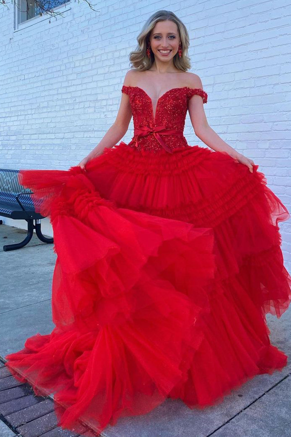 Lavender Prom Dress Off Shoulder Tiered Evening Dress with Lace