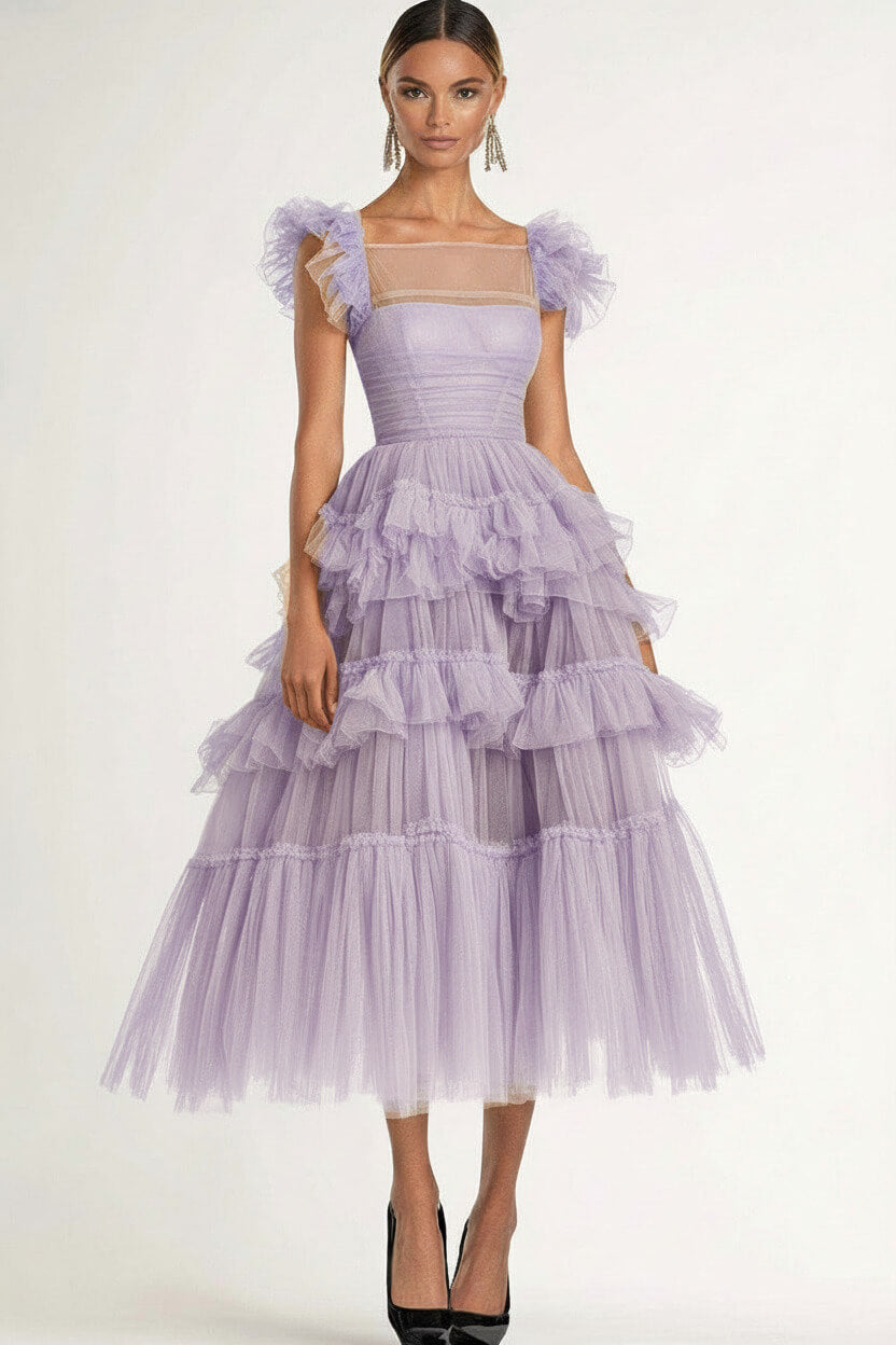 Dreamyannie Tea Length Black Wedding Guest Dress A-Line Flatter Sleeves Tulle Formal Dress With Ruffles