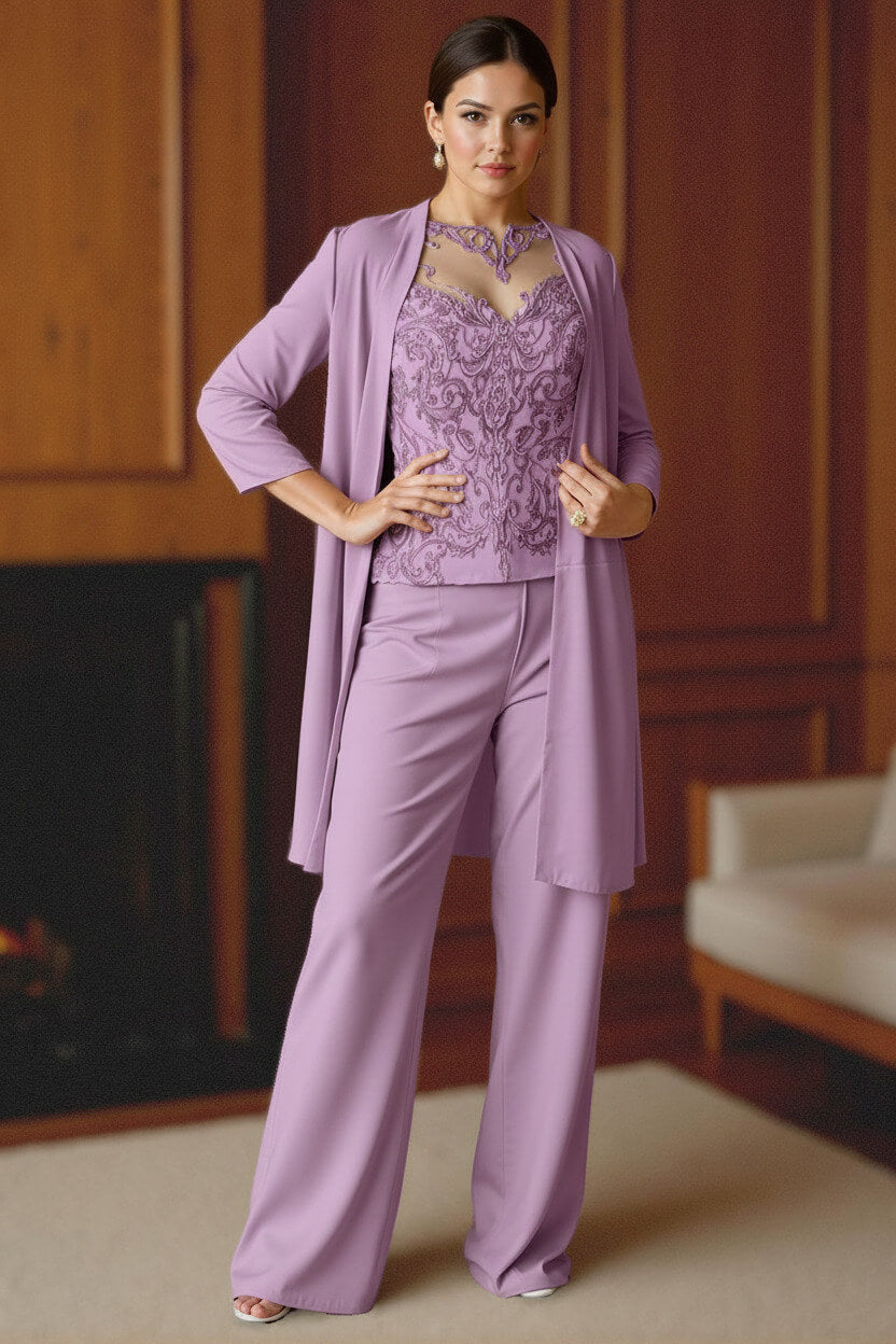 Dreamyannie Light Blue Bateau Neck Chiffon 3 Piece Mother Of The Bride Pant Suits With Jacket