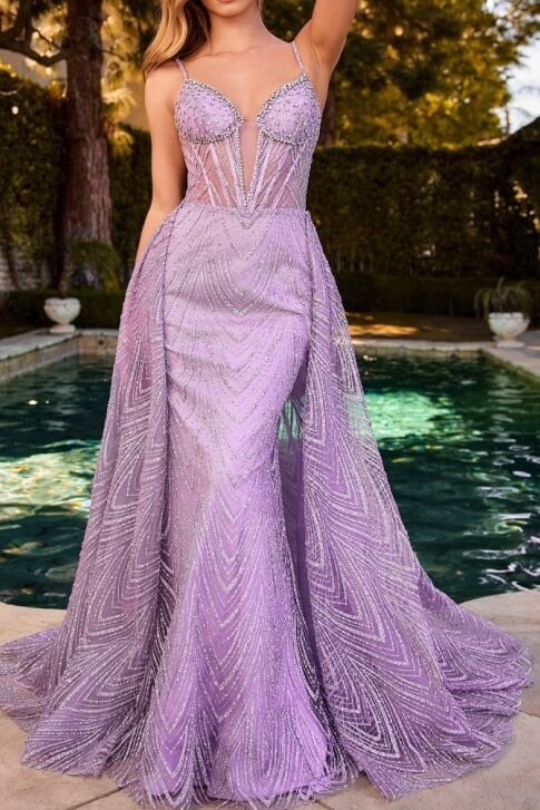 Shining Dusty Blue Prom Dress Sequined Spagheetti Straps Evening Dress with Detachable Train