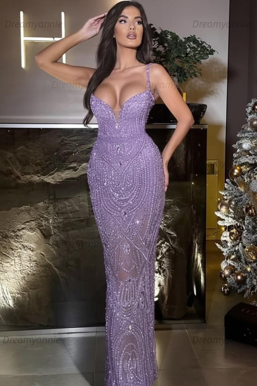 Silver Mermaid Prom Dress Sleeveless Spaghetti Straps Beaded Formal Dress