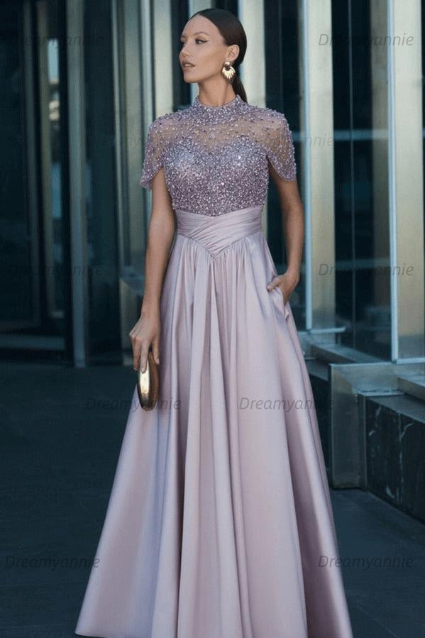 Green A Line Prom Dress Short Sleeve High Neck Beaded Formal Dress