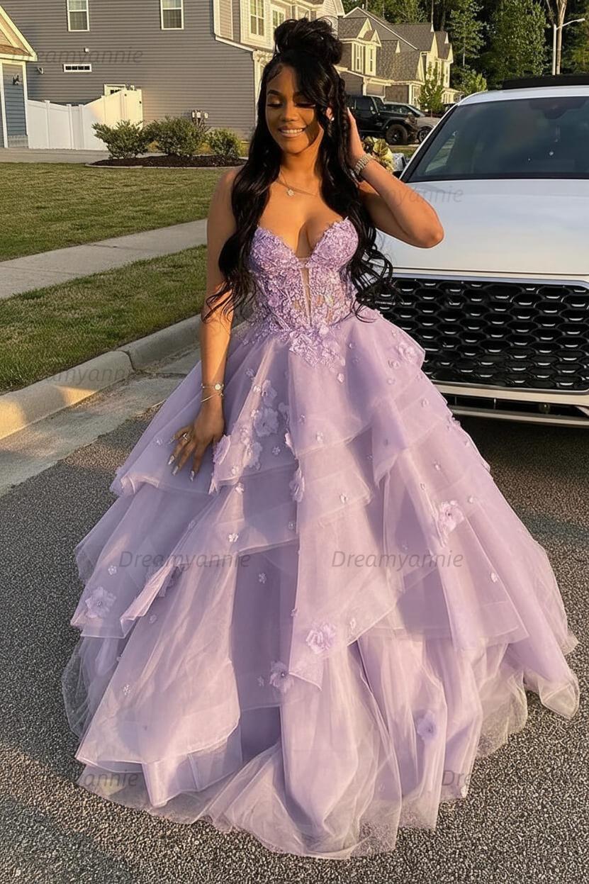 Dreamyannie Sage Prom Dress Floral Tiered Ruffles A-Line Sweetheart Corset Long Formal Dress