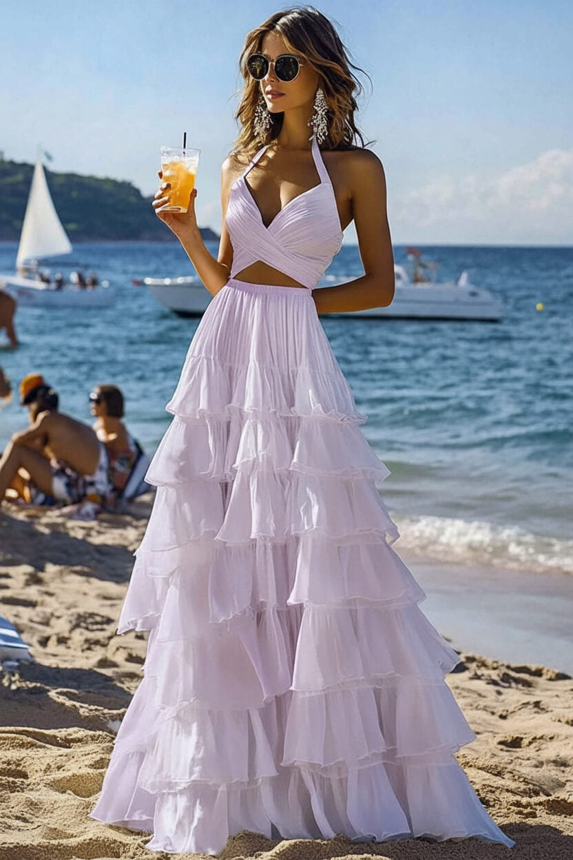 Dreamyannie Halter Tiered White 2 Piece Ruffled Formal Dress