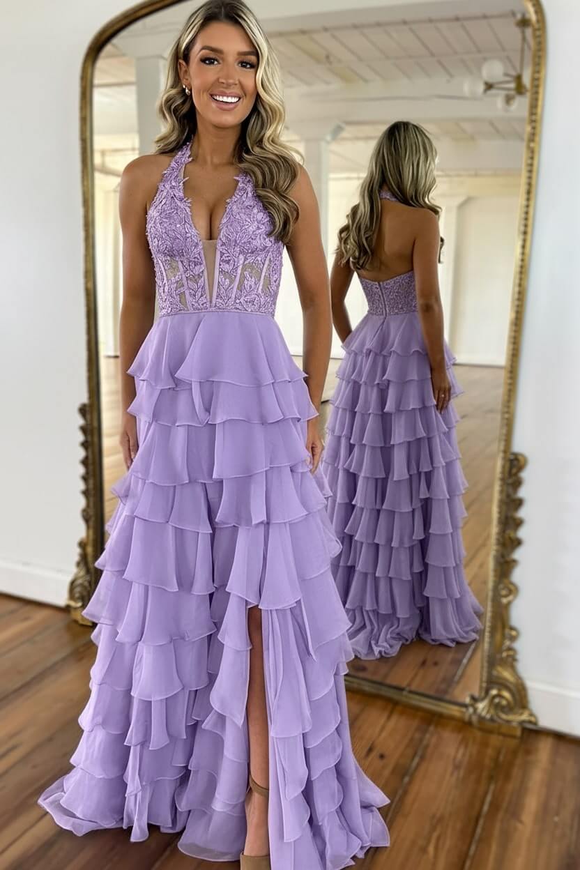 Dreamyannie Sky Blue Prom Dress Ruffled Halter Corset Formal Dress With Slit