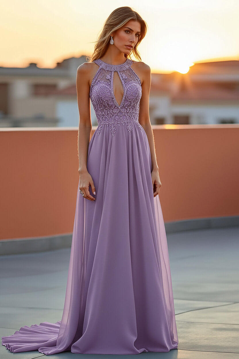 Dreamyannie Beaded Navy Wedding Guest Dress Halter Long Formal Dress With Embroideries