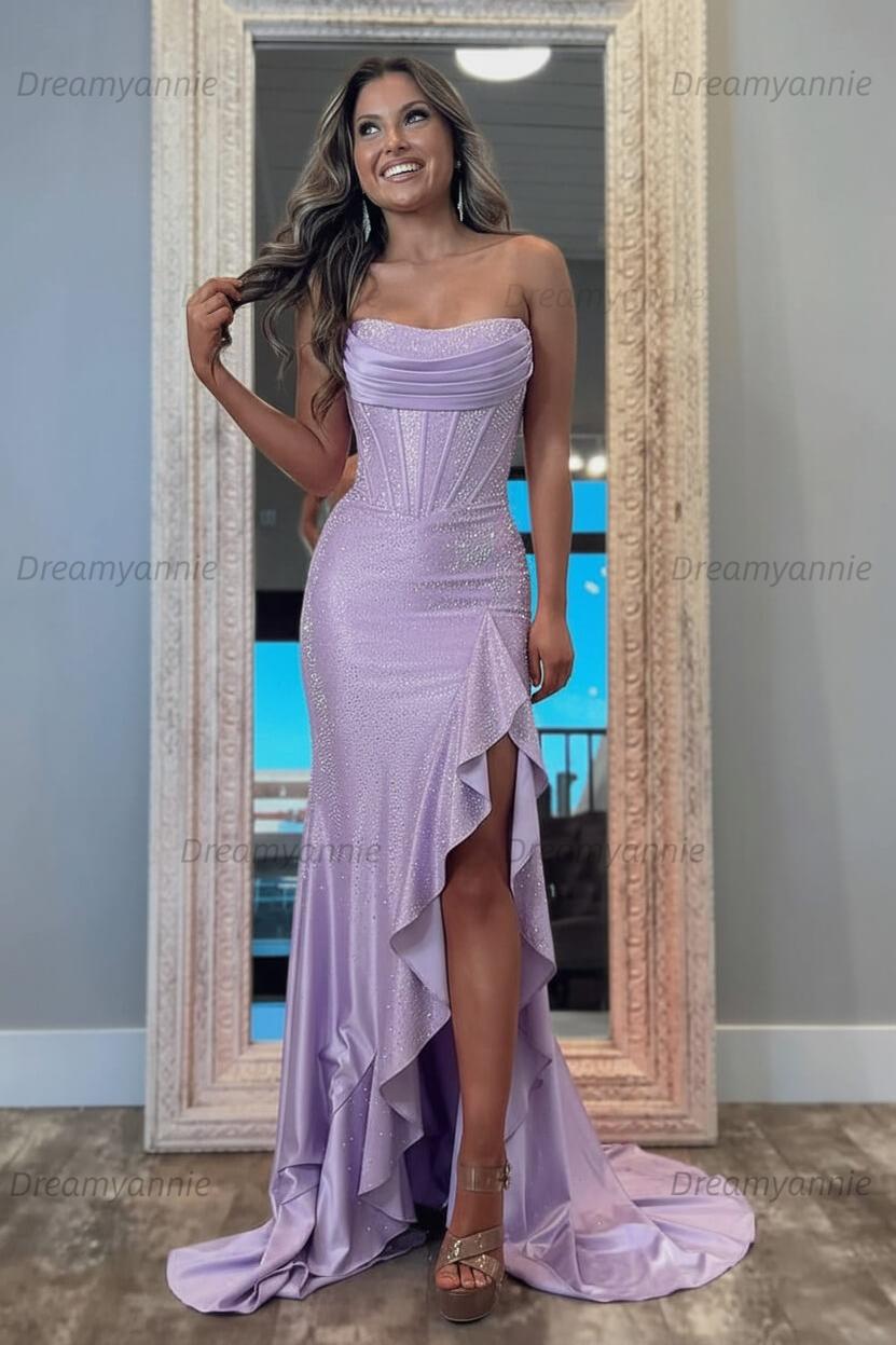 Hot Pink Beaded Prom Dress Strapless Corset Ruffled Formal Dress With Slit