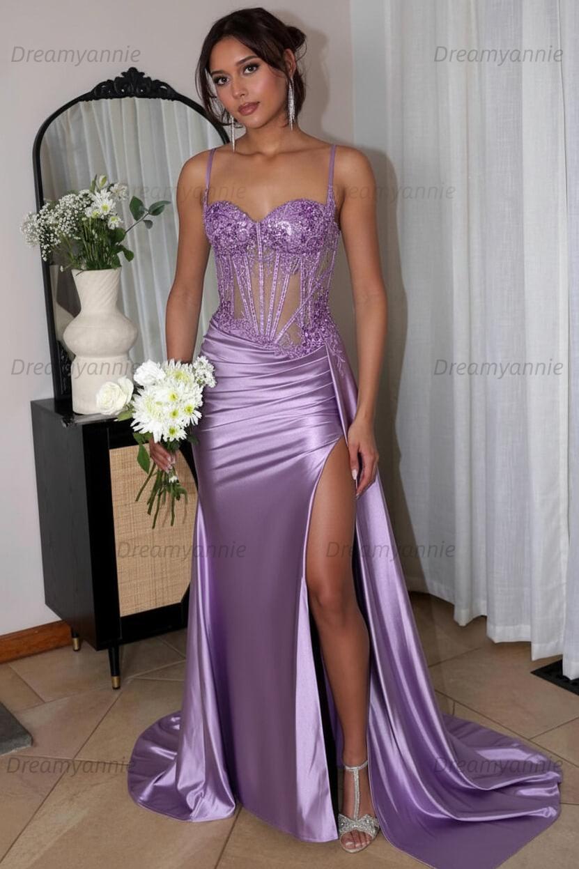 Corset Sequined Prom Dress Satin Appliqued Long Evening Dress With Slit