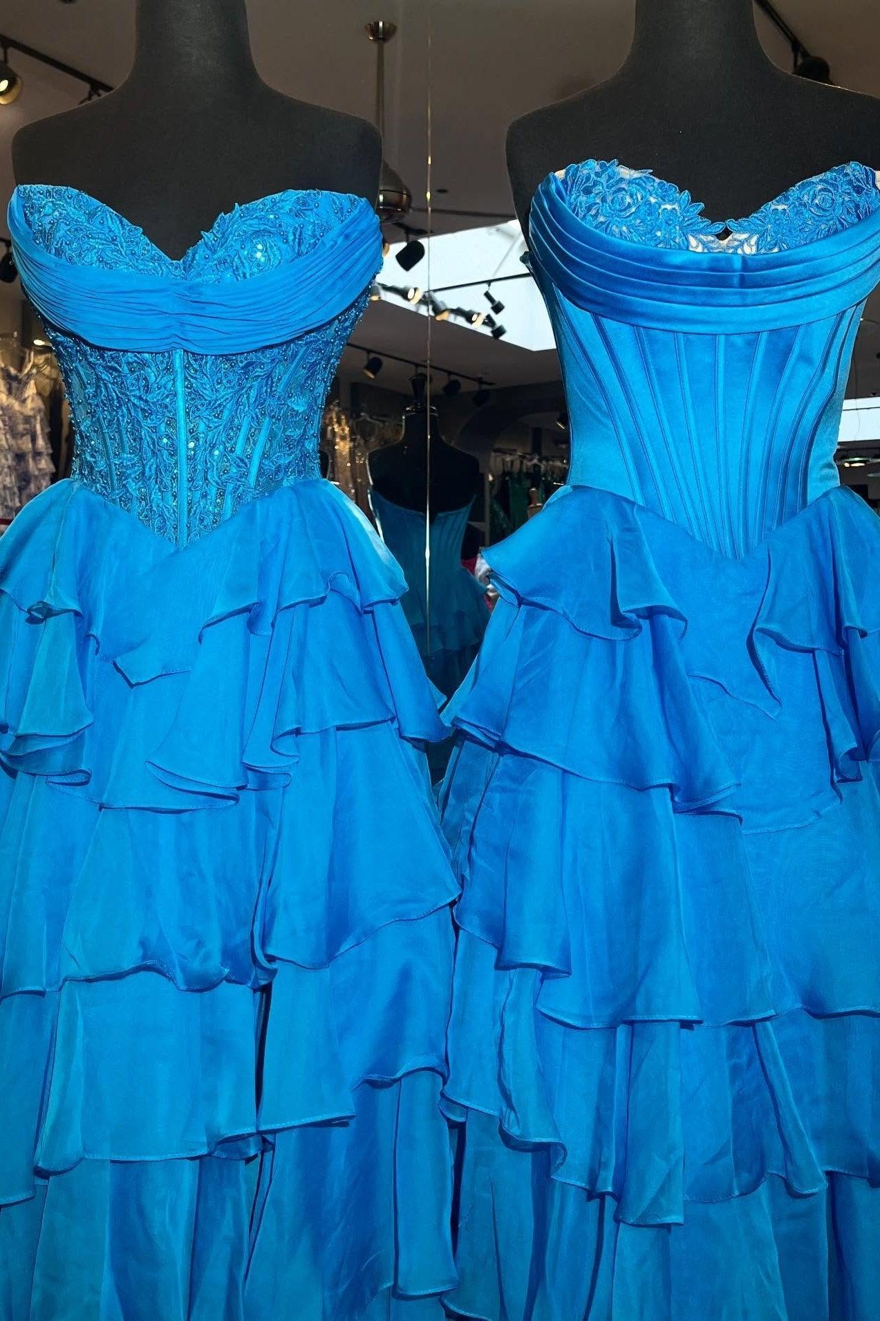 Layered Ruffle A-Line Prom Dress With Embellished Lace Bodice And Leg Slit Formal Evening Gown