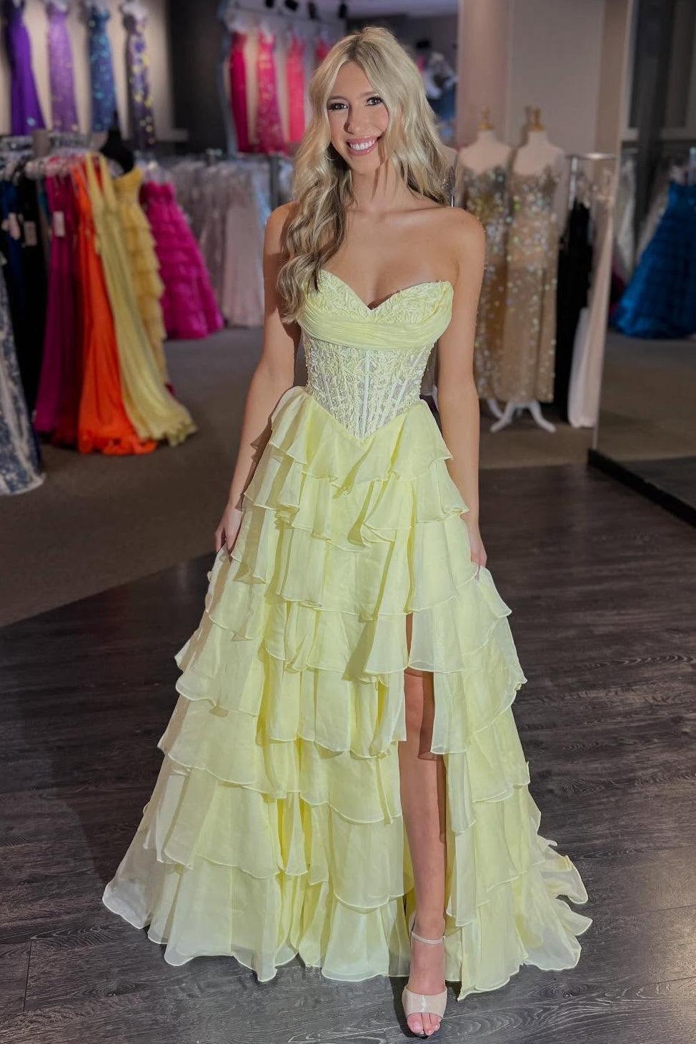 Layered Ruffle A-Line Prom Dress With Embellished Lace Bodice And Leg Slit Formal Evening Gown