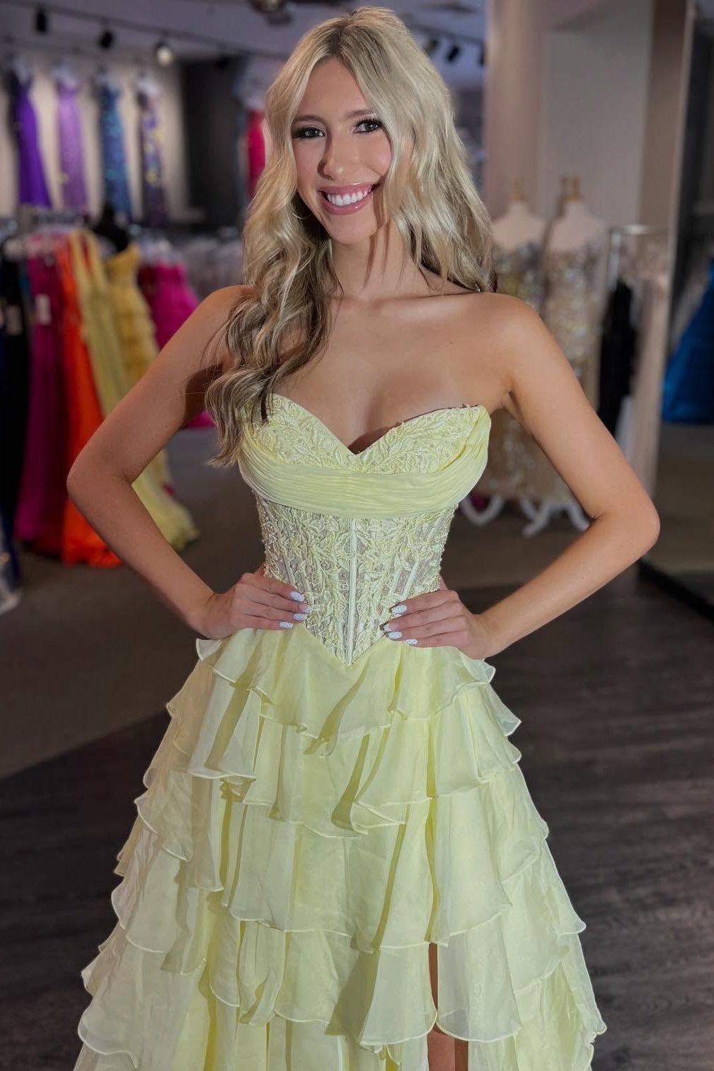 Layered Ruffle A-Line Prom Dress With Embellished Lace Bodice And Leg Slit Formal Evening Gown