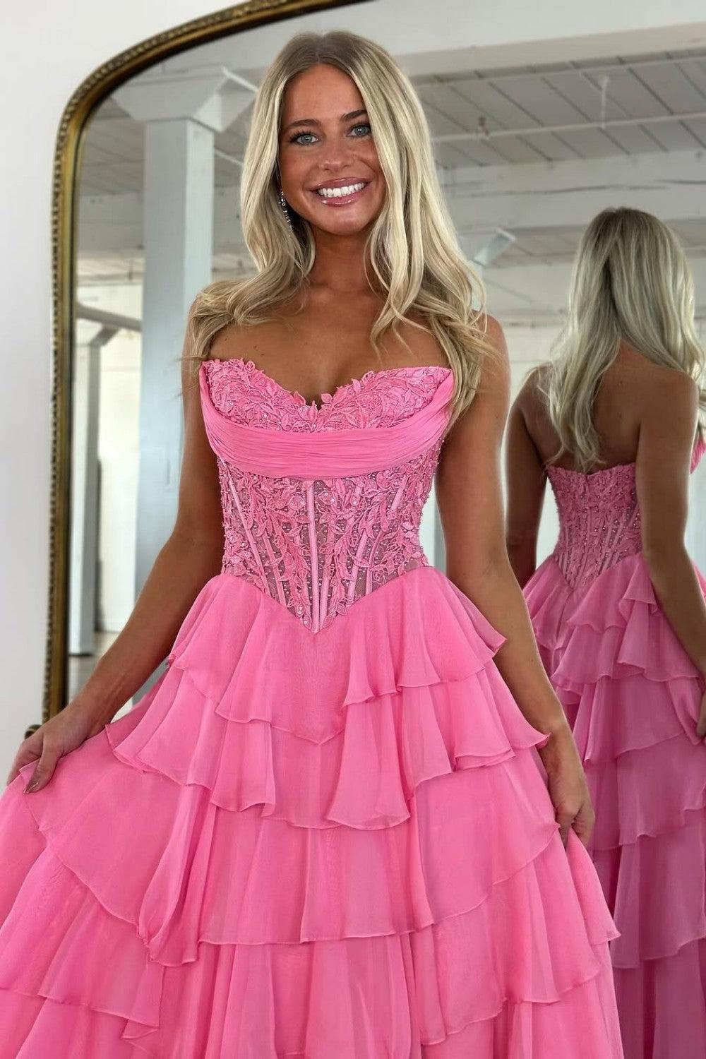 Layered Ruffle A-Line Prom Dress With Embellished Lace Bodice And Leg Slit Formal Evening Gown