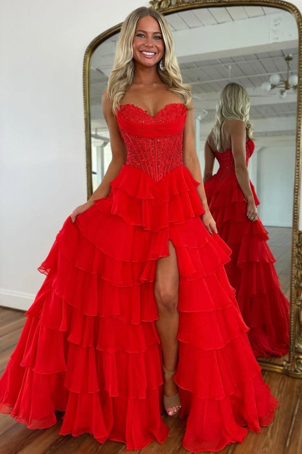 Layered Ruffle A-Line Prom Dress With Embellished Lace Bodice And Leg Slit Formal Evening Gown