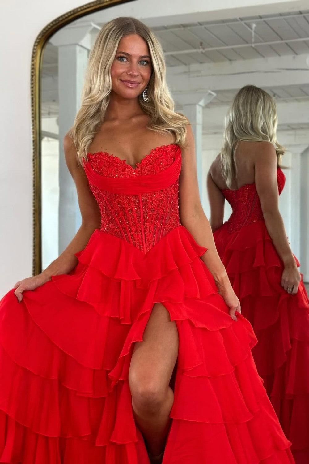 Layered Ruffle A-Line Prom Dress With Embellished Lace Bodice And Leg Slit Formal Evening Gown