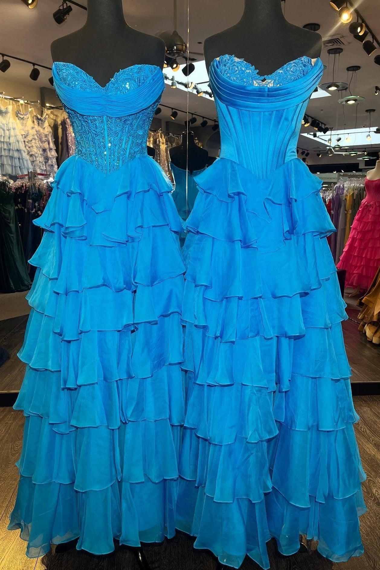 Layered Ruffle A-Line Prom Dress With Embellished Lace Bodice And Leg Slit Formal Evening Gown