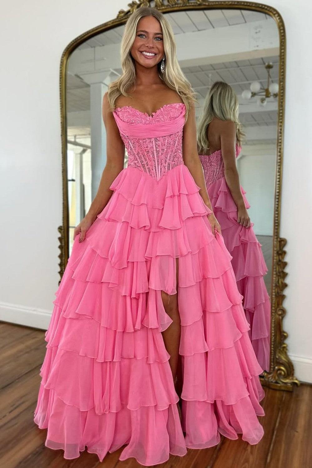 Layered Ruffle A-Line Prom Dress With Embellished Lace Bodice And Leg Slit Formal Evening Gown