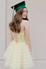 Lemon Yellow Homecoming Dress A Line Corset Ruffled Short Prom Dress