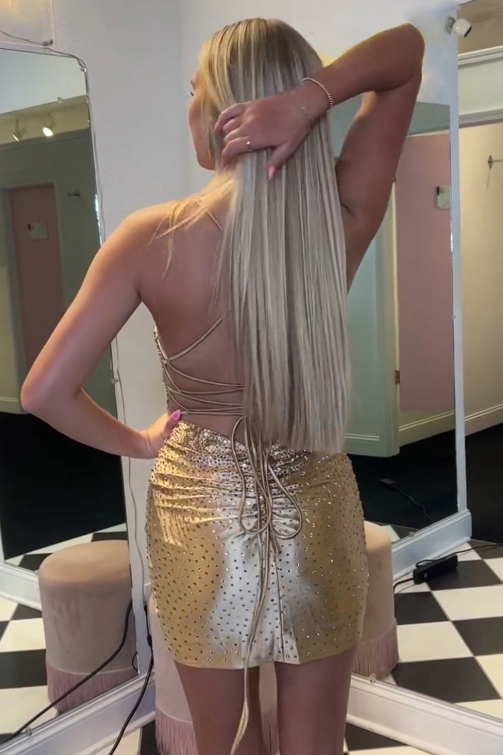 Liaghe Beaded Tight Short Cocktail Dresses with Lace-Up Back