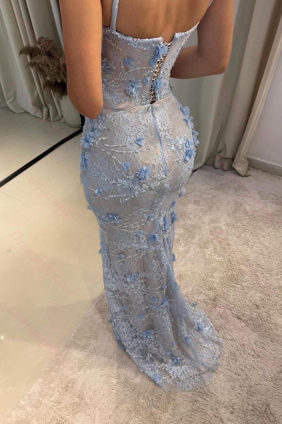 Light Blue 3D Floral Lace Beaded Mermaid Prom Dress With Illusion Corset Bodice Formal Evening Gown