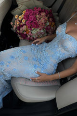 Light Blue 3D Floral Lace Beaded Mermaid Prom Dress With Illusion Corset Bodice Formal Evening Gown