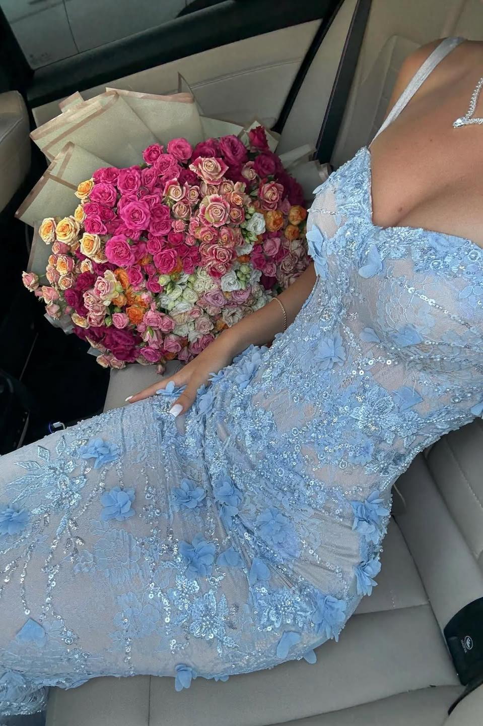 Light Blue 3D Floral Lace Beaded Mermaid Prom Dress With Illusion Corset Bodice Formal Evening Gown
