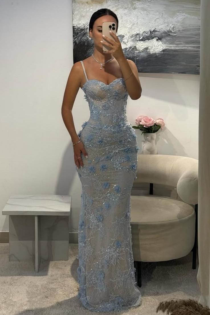 Light Blue 3D Floral Lace Beaded Mermaid Prom Dress With Illusion Corset Bodice Formal Evening Gown