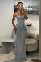 Light Blue 3D Floral Lace Beaded Mermaid Prom Dress With Illusion Corset Bodice Formal Evening Gown