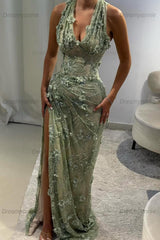 Light Blue 3D Floral Lace Halter Prom Dress With Beaded Illusion Bodice And High Slit Formal Evening Gown