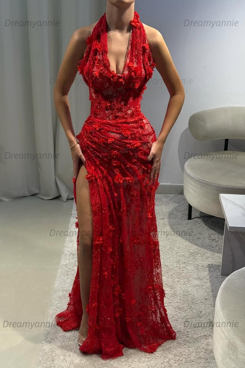 Light Blue 3D Floral Lace Halter Prom Dress With Beaded Illusion Bodice And High Slit Formal Evening Gown