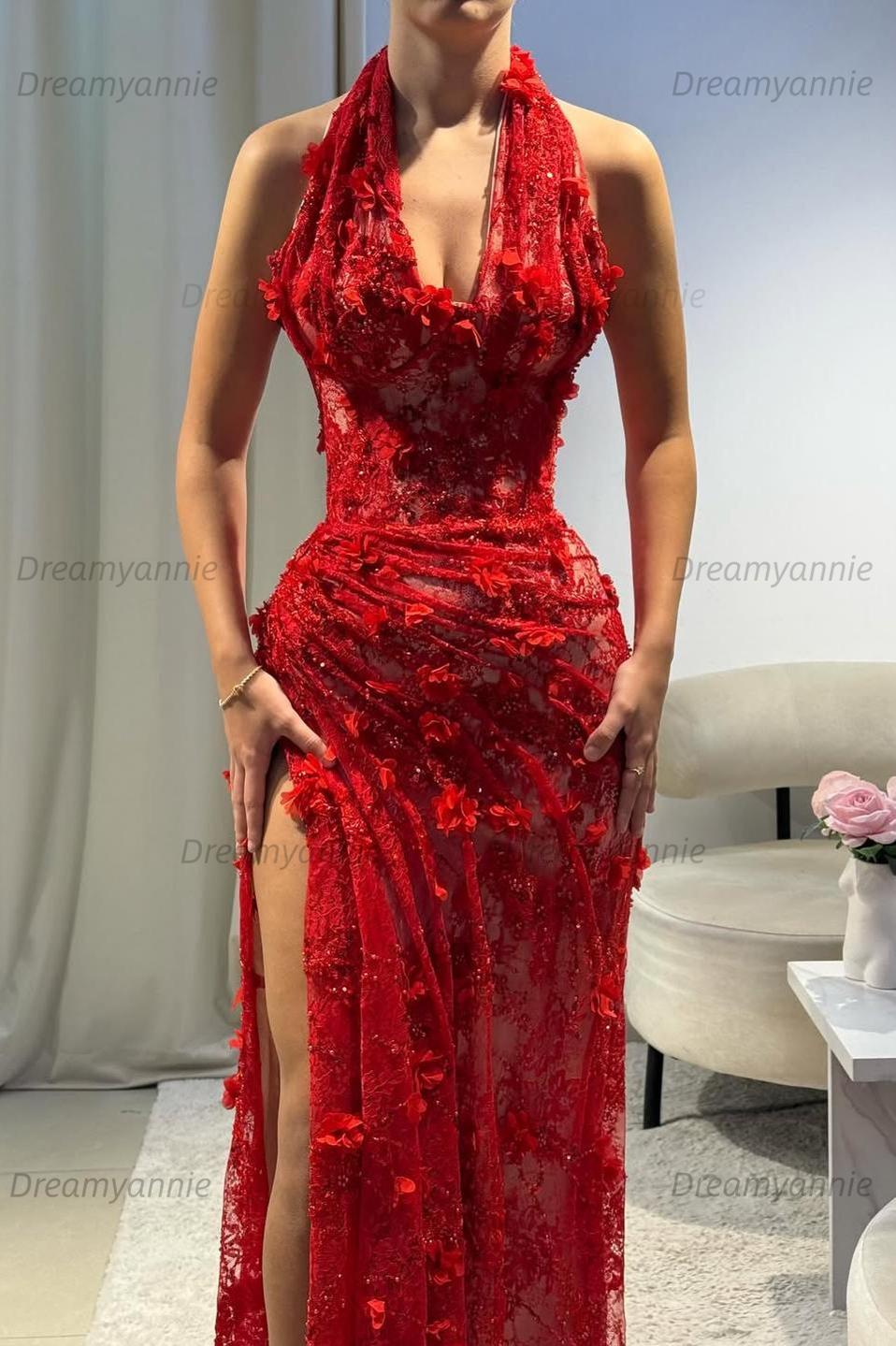 Light Blue 3D Floral Lace Halter Prom Dress With Beaded Illusion Bodice And High Slit Formal Evening Gown