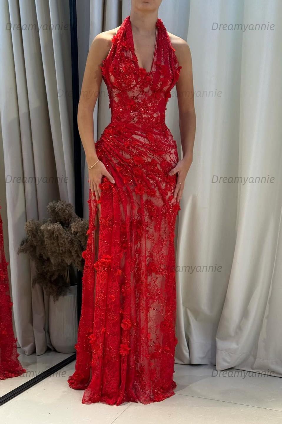 Light Blue 3D Floral Lace Halter Prom Dress With Beaded Illusion Bodice And High Slit Formal Evening Gown