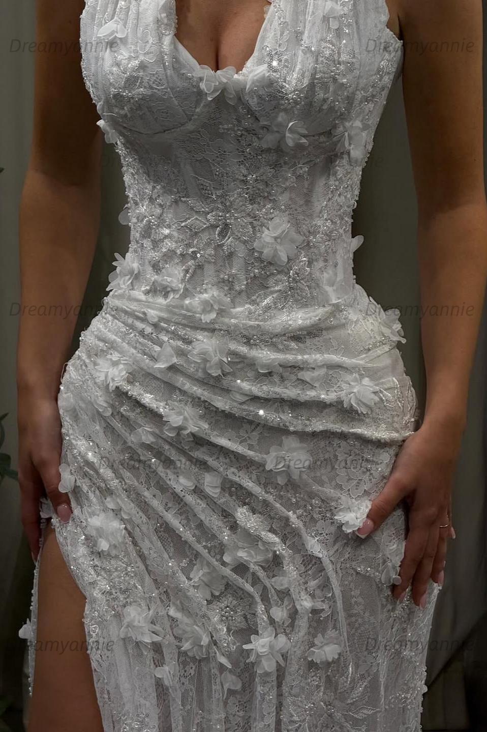 Light Blue 3D Floral Lace Halter Prom Dress With Beaded Illusion Bodice And High Slit Formal Evening Gown