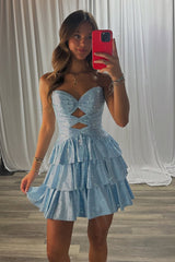 Light Blue A Line Homecoming Dresses Tiered Short Cocktail Dresses With Beading