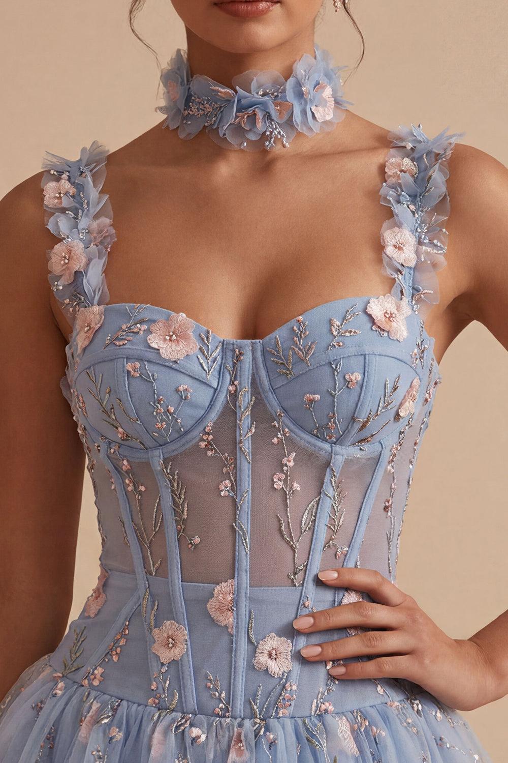 Light Blue Corset Beaded A Line Bubble Short Homecoming Dress with 3D Flowers