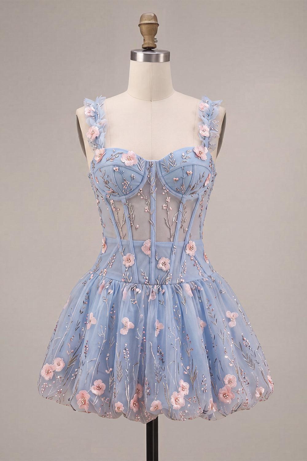 Light Blue Corset Beaded A Line Bubble Short Homecoming Dress with 3D Flowers