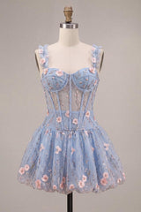 Light Blue Corset Beaded A Line Bubble Short Homecoming Dress with 3D Flowers