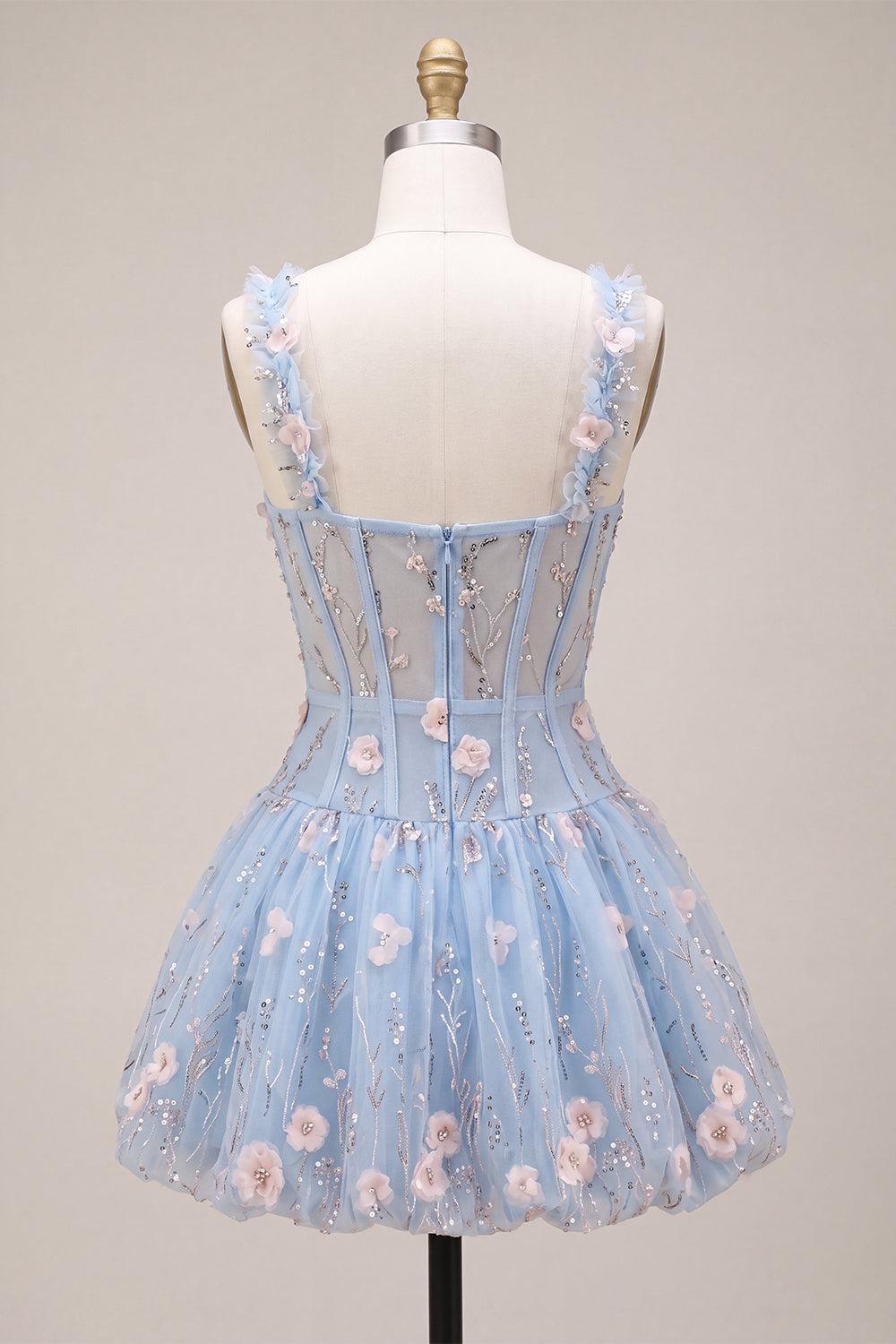 Light Blue Corset Beaded A Line Bubble Short Homecoming Dress with 3D Flowers