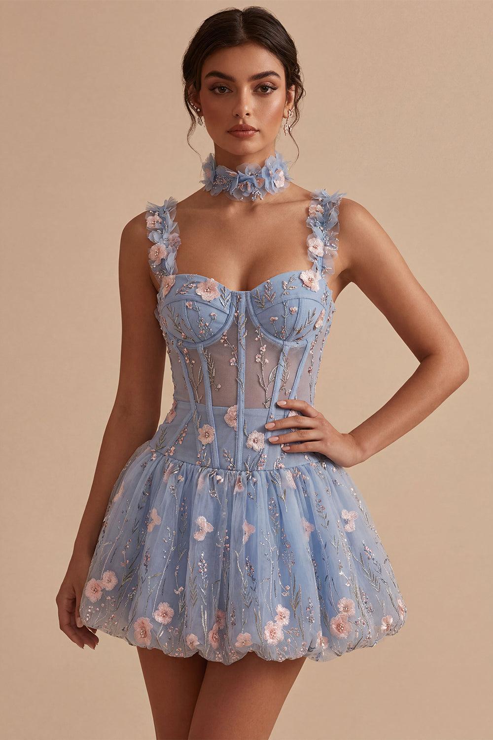 Light Blue Corset Beaded A Line Bubble Short Homecoming Dress with 3D Flowers