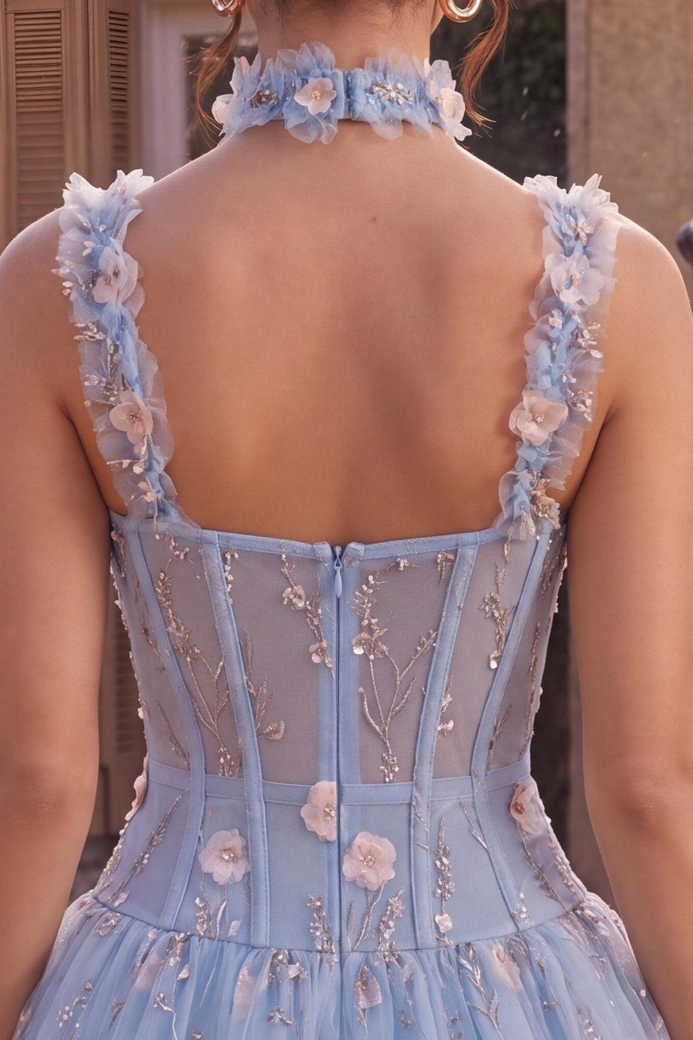 Light Blue Corset Beaded A Line Bubble Short Homecoming Dress with 3D Flowers